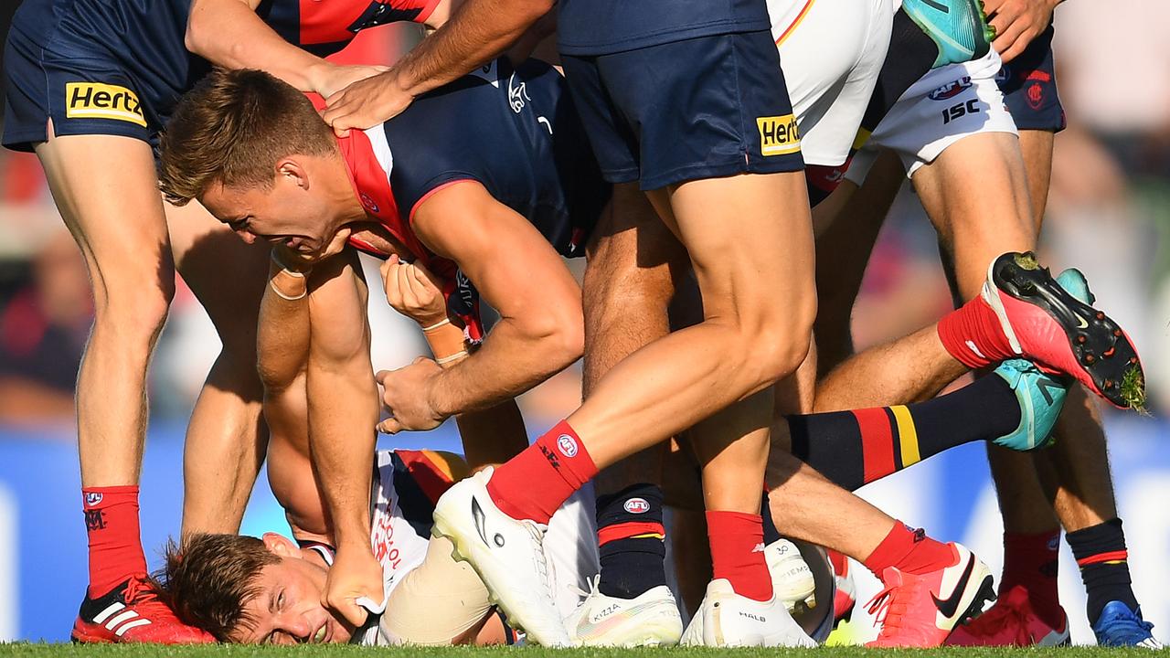 Jack Viney brought the aggression to Melbourne’s Marsh Series clash. Picture: Getty Images