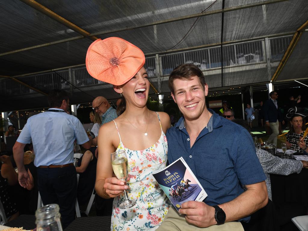 Breanna Cuirn and Luke Kiel enjoy the 2019 Darwin Cup. Picture: KATRINA BRIDGEFORD