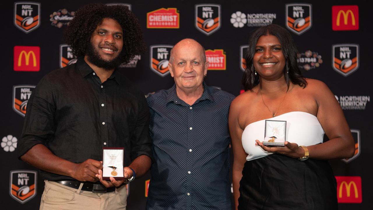 Caleb Niki, John Johnson and Ellie Niki at the 2023 NRL NT Frank Johnson / Gaynor Maggs medal night. Picture: Pema Tamang Pakhrin