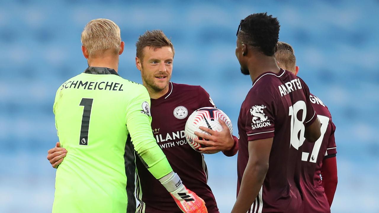 Leicester City's English striker Jamie Vardy banged a hat-trick against Manchester City.