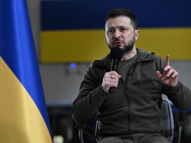 Ukrainian President Volodymyr Zelensky addresses a press conference with international media in an underground metro station in Kyiv. Picture: AFP