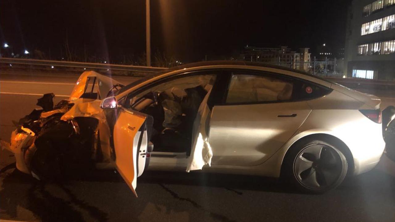 The Model 3 was badly damaged in the accident. Picture: Connecticut Police Facebook page.