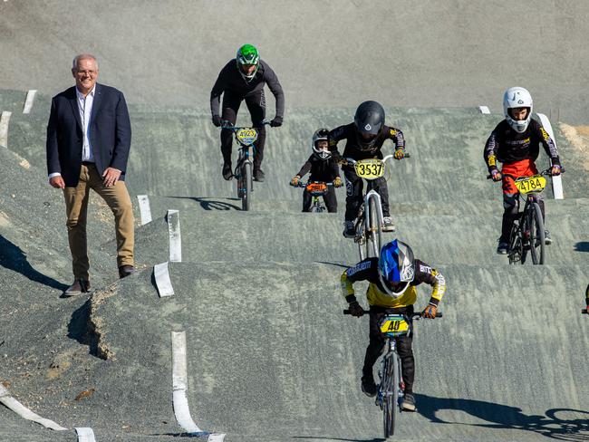 Scott Morrison visits Wanneroo BMX Club in the electorate of Pearce, Perth. Picture: Jason Edwards