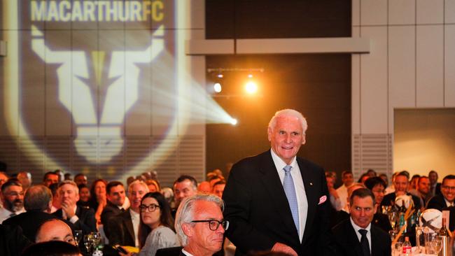 Chairman of new A-League club Macarthur FC Lang Walker (standing) with outgoing FFA CEO David Gallop (left) at the club’s launch. Macarthur will join the A-league in the 2020/21 season. Picture: Elisa Romeo