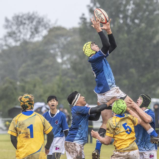 A young Jack Calleja pictured in 2022 winning lineout ball for the Queensland Country Under-14s. City vs. Country under 14 boys, Queensland Rugby Union. Wednesday, July 6, 2022. Picture: Nev Madsen.