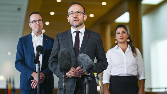 Greens leader Adam Bandt, Senator David Shoebridge and Senator Lidia Thorpe. There are lessons for both the Liberals and the Greens as they flirt with opposing the voice. Picture: NCA NewsWire / Martin Ollman