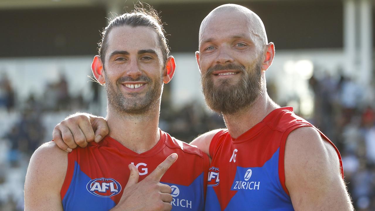 MELBOURNE, AUSTRALIA - FEBRUARY 24: Brodie Grundy and Max Gawn of the Demons pose for a photo during the 2023 AFL match simulation between the St Kilda Saints and the Melbourne Demons at RSEA Park on February 24, 2023 in Melbourne, Australia. (Photo by Dylan Burns/AFL Photos via Getty Images)