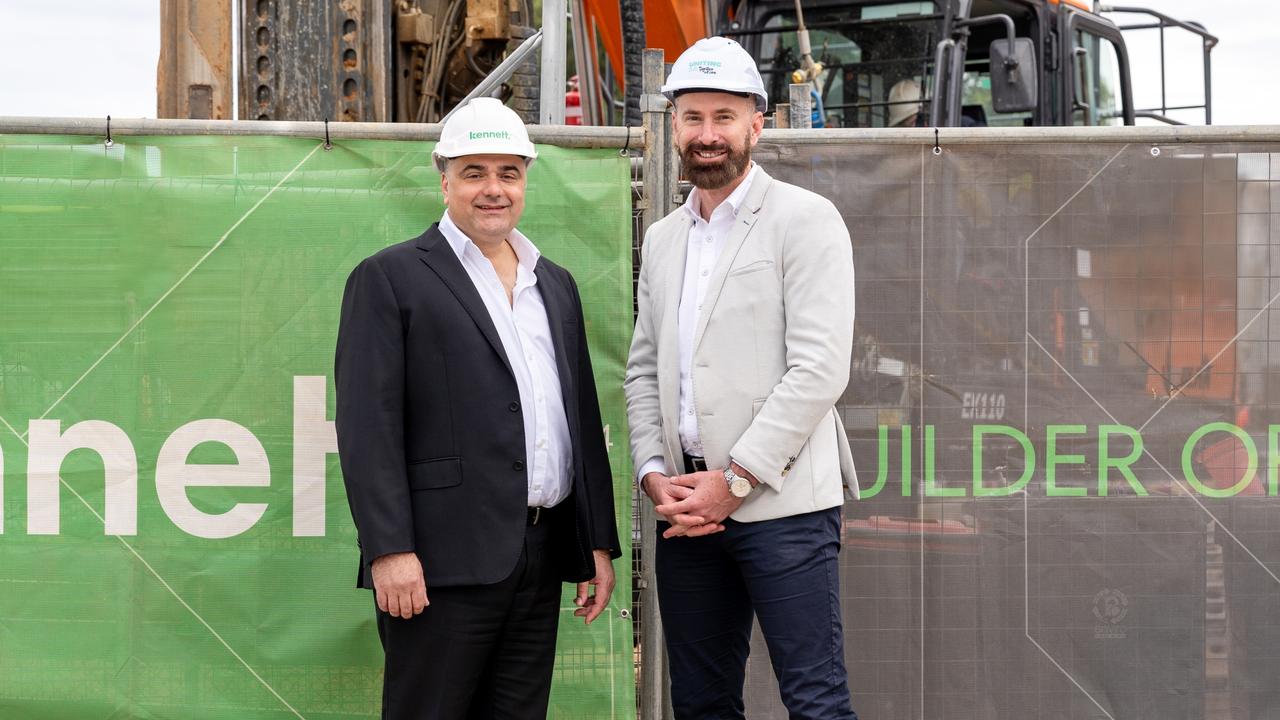 Kennett general manager Anthony Carbone, left, with UnitingSA senior executive of development, property &amp; housing Ben Moore at the Uniting on Second construction site. Picture: Supplied by Kennett