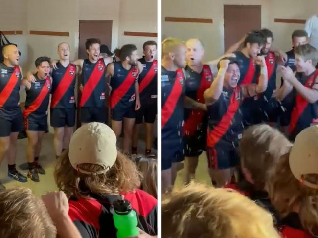 Hamley Bridge players sing the song after their drought-breaking win.