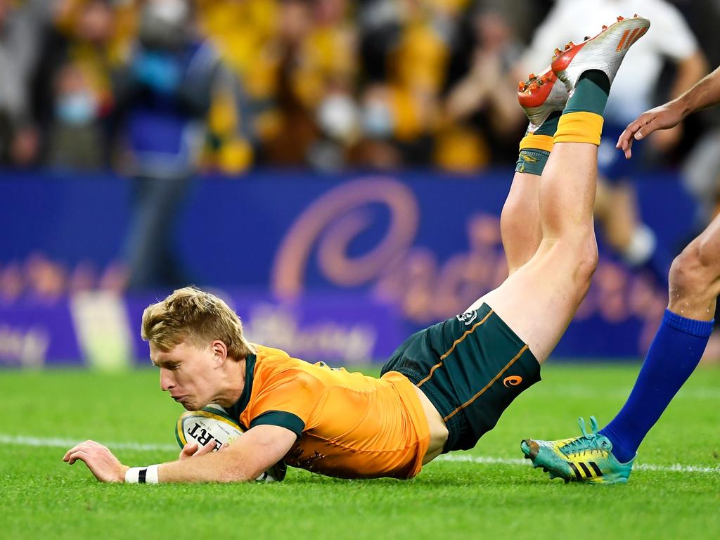 Tate McDermott scored his first try as a Wallaby on Saturday night. Picture: Albert Perez/Getty Images