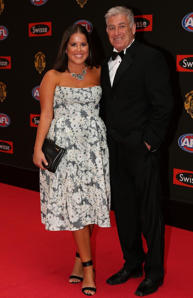 Former Brownlow medallist Gerard Healy arrives with Lisa Healy on the red carpet for the 2015 AFL Brownlow Medal presentation held at Crown Casino on Monday, September 28, 2015, in Melbourne, Victoria, Australia. Picture: Tim Carrafa