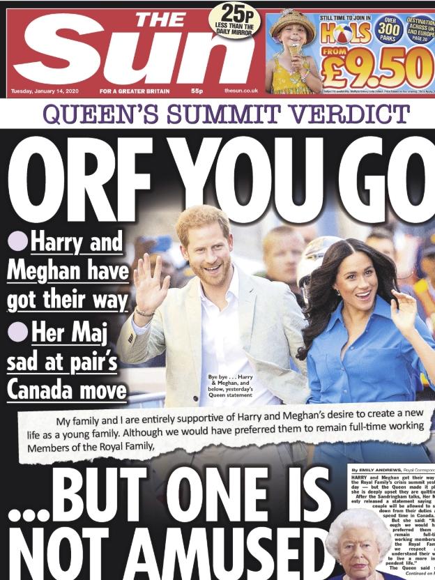 The front page of The Sun after the royal family crisis summit.