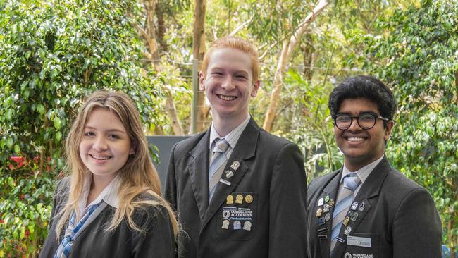 Queensland Academies Creative Industries Campus academic students of the Year/Dux are Elizabeth Pico Gonzalez, Adam Charters and Aarya Dath. Photo: Supplied