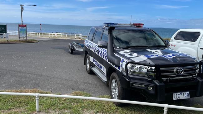 Police at St Leonards boat ramp after a kayaker died nearby. Picture: Alan Barber