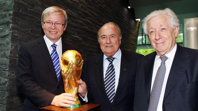 Former Prime Minister Kevin Rudd, FIFA president Sepp Blatter and FFA chairman Frank Lowy in 2009.