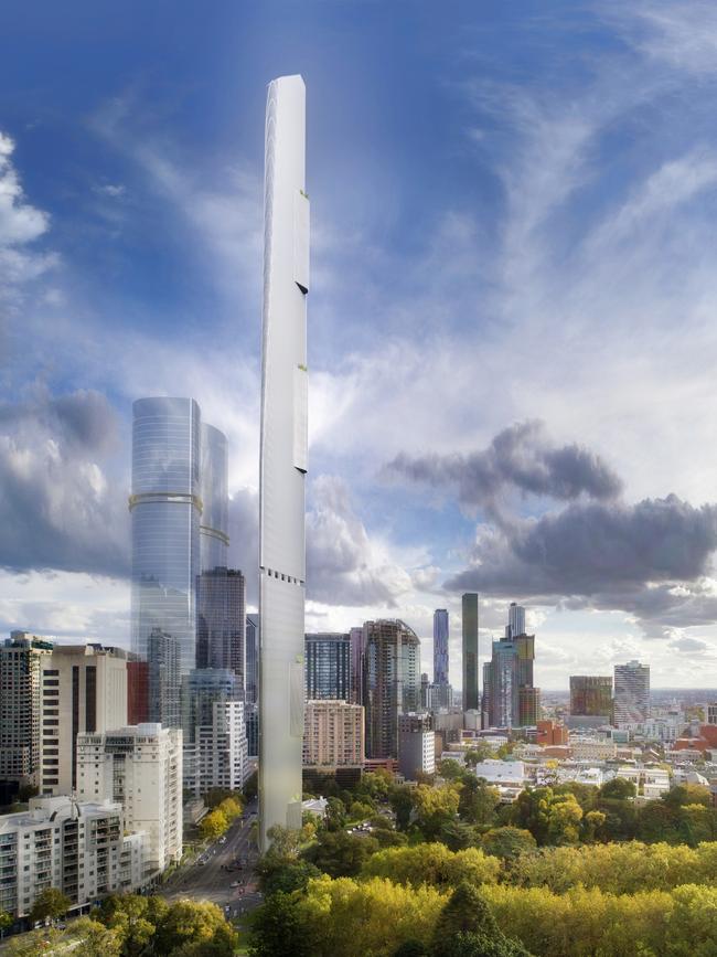 A rendering of another proposed project, marked as abandoned by Cordell Connect, a former plan to build a 330m-high tower, at 1 Victoria St, Melbourne.