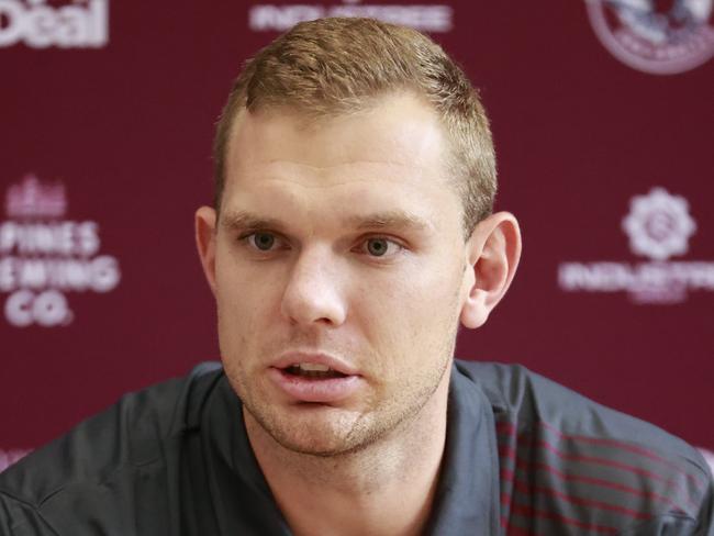 DAILY TELEGRAPH. JANUARY 31, 2023.Pictured at 4 Pines Park in Brookvale today is Manly Sea Eagles Full-Back Tom Trbojevic during a press conference. Picture: Tim Hunter.