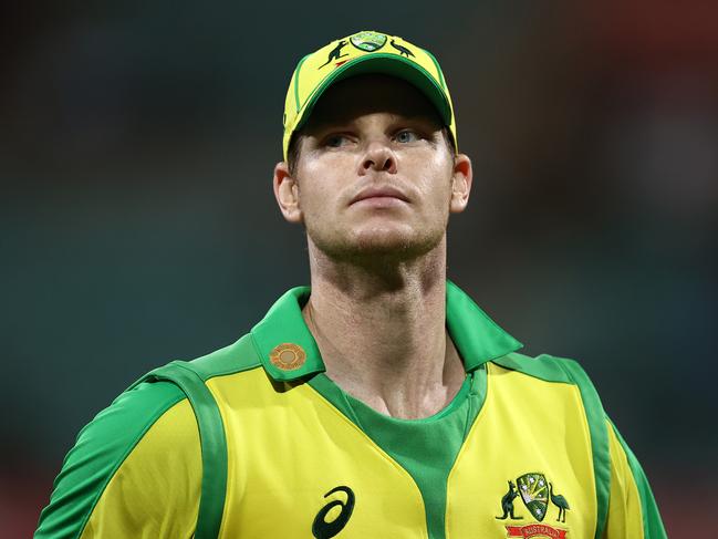 SYDNEY, AUSTRALIA - NOVEMBER 29: Steve Smith of Australia looks on during game two of the One Day International series between Australia and India at Sydney Cricket Ground on November 29, 2020 in Sydney, Australia. (Photo by Ryan Pierse/Getty Images)