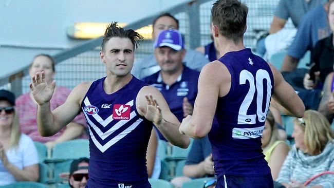 Shane Kersten celebrates a crucial goal for the Dockers. Picture: AAP Images