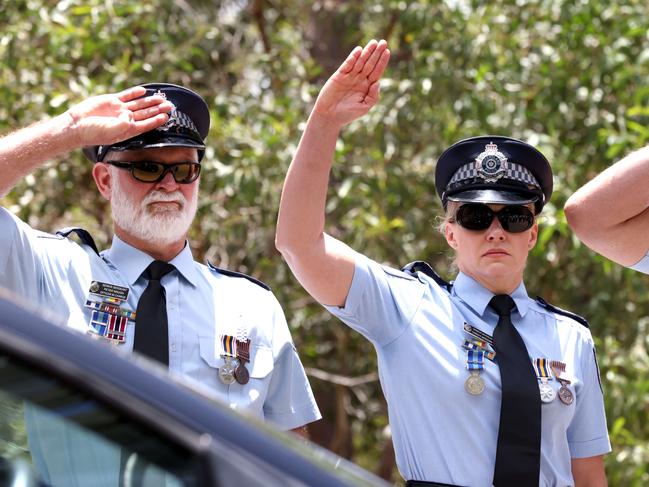 Mourners at the memorial service with full police honours for constables Rachel McCrow and Matthew Arnold at Brisbane Entertainment Centre. Picture: Steve Pohlner