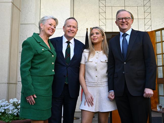 Australian Government Services Minister and former Labor Party Leader Bill Shorten poses for photographs with his wife Chloe, daughter Clementine and Australian Prime Minister Anthony Albanese after speaking to the media during a press conference at Parliament House, in Canberra, Thursday, September 5, 2024. (AAP Image/Lukas Coch) NO ARCHIVING