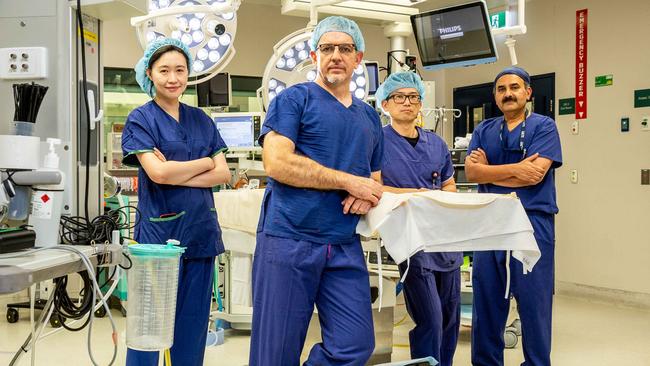 Surgeon Marcos Perin and his team Dr Sarah Qi, Dr. Dixon Woon and Dr. Jayapadman Bhaskar at The Austin Hospital. Picture: Jake Nowakowski