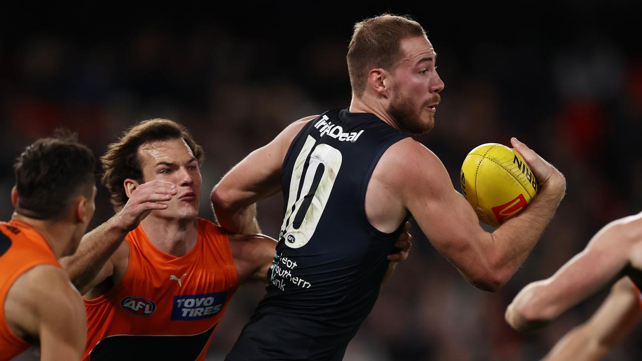 Harry McKay is overwhelmed by the Giants’ defence. Picture: Michael Klein