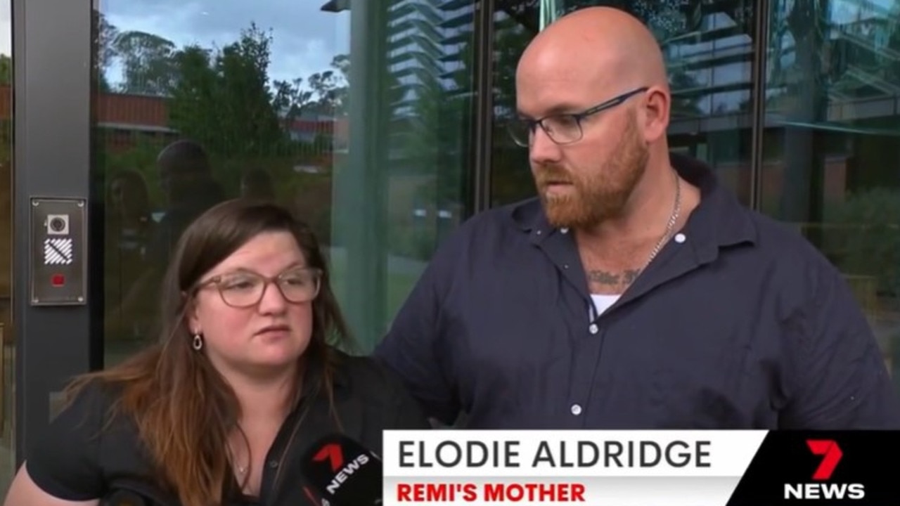 Elodie and Andrew speak to media this week. Elodie, who was pregnant with Remi, suffered serious injuries in the Shepparton crash. Picture: 7News