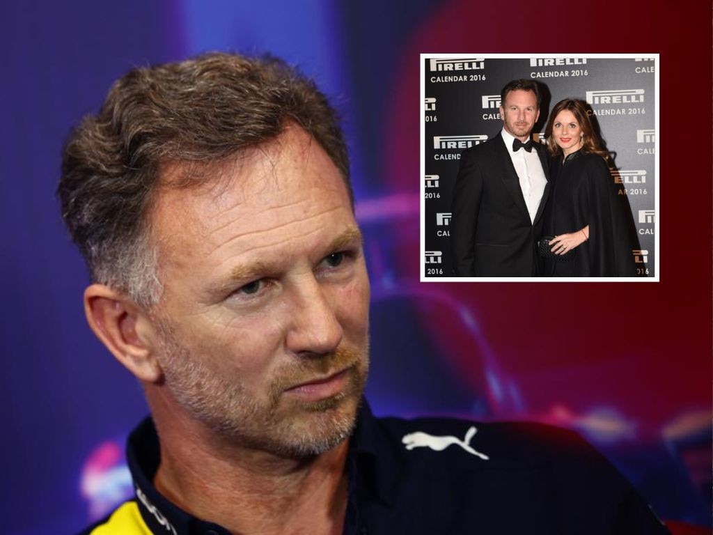 Christian Horner and (inset) with wife Geri Halliwell. Photos: Getty Images