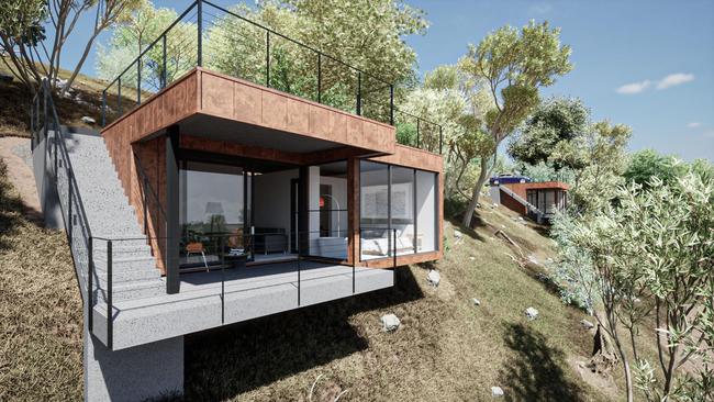 Artist impression of a proposed new tourist cabins on the side of Mount Osmond, overlooking Adelaide. Picture: Lookadesign