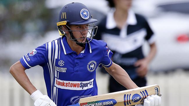 Bankstown batsman Cooper McMahon. Green Shield Cricket Round 2. Bankstown (blue) v Wests (black and white) at Grahame Thomas Oval, Bankstown. Picture: John Appleyard