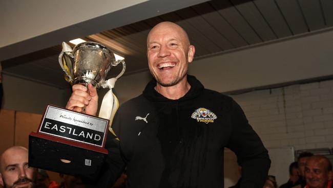 Balwyn coach Brenton Sanderson with the cup. Picture: Davis Harrigan