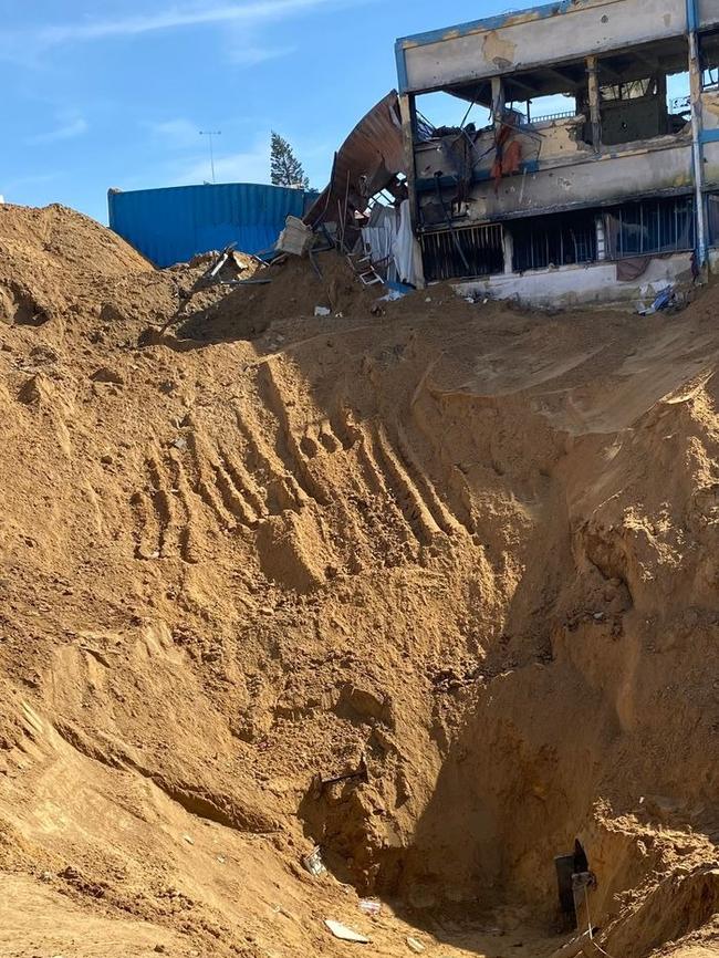 The Israeli military dug up a parking lot to create its own entrance into the tunnel network that leads into what Israeli military officials say is a Hamas military hub underneath UNRWA HQ. Picture: Dov Lieber/WSJ