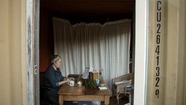 Christina Baehr in her writing shed, at home in Tasmania. Picture: Naomi Mackie