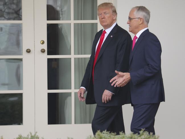 President Donald Trump and Australian Prime Minister Malcolm Turnbull walk together to the Oval Office. Picture: AP Photo/Pablo Martinez Monsivais