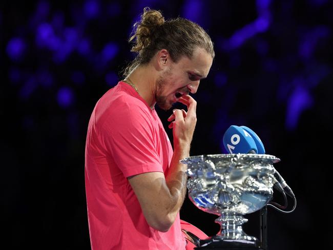 Germany's Alexander Zverev prepares to address the crowd. Picture: AFP