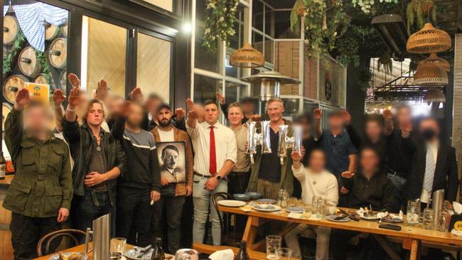 A group of neo-Nazis has been photographed performing the Nazi salute at a popular bar in Melbourne’s east. Picture: Supplied