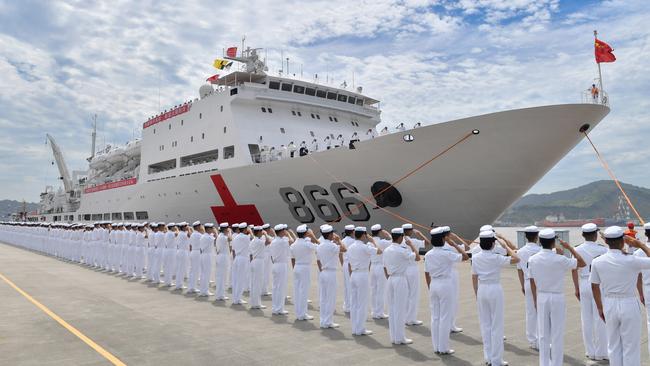 ZHOUSHAN, CHINA - JULY 03: Chinese naval hospital ship Peace Ark departs from a port for a number of countries in South Pacific for humanitarian medical work on July 3, 2023 in Zhoushan, Zhejiang Province of China. The hospital ship will visit Kiribati, Tonga, Vanuatu, the Solomon Islands and East Timor during the Mission Harmony-2023. (Photo by VCG/VCG via Getty Images)