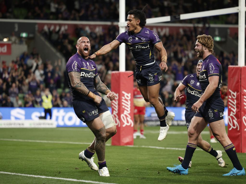 MELBOURNE, AUSTRALIA - AUGUST 24: Nelson Asofa-Solomona of the Storm celebrates scoring a try during the round 25 NRL match between Melbourne Storm and Dolphins at AAMI Park, on August 24, 2024, in Melbourne, Australia. (Photo by Daniel Pockett/Getty Images)