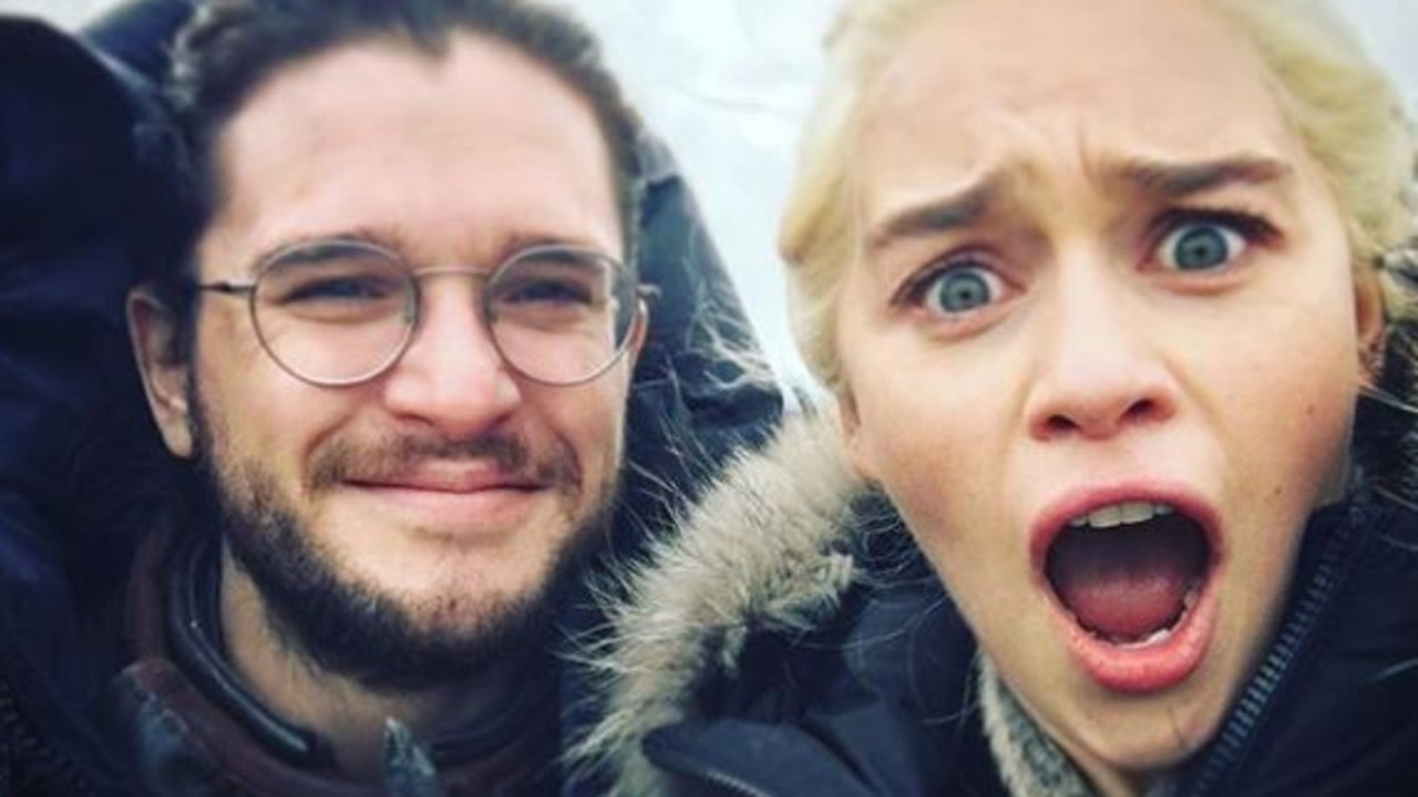 Kit Harington and Emilia Clarke on the set of Game of Thrones. Picture: @emilia_clarke