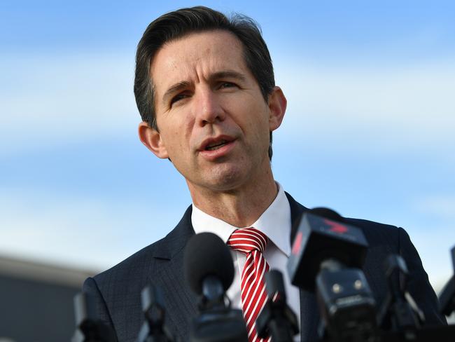 Federal Minister for Trade Simon Birmingham (right) speaks to the media alongside SA Premier Steven Marshall during a press conference before the first international freight flight leaves Adelaide Airport in Adelaide, Wednesday, May 6, 2020. (AAP Image/David Mariuz) NO ARCHIVING
