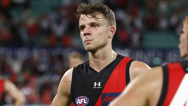 Jordan Ridley was subbed out of the Bombers’ loss with concussion. Picture: Getty Images