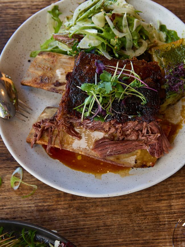 Stillwater’s slow-cooked Cape Grim short rib, boulangere potato and leaf salad. Picture: Ness Vanderburgh