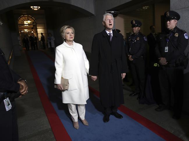 Hillary Clinton and former President Bill Clinton arrive on the West Front of the U.S. Capitol on January 20, 2017. Picture: AP