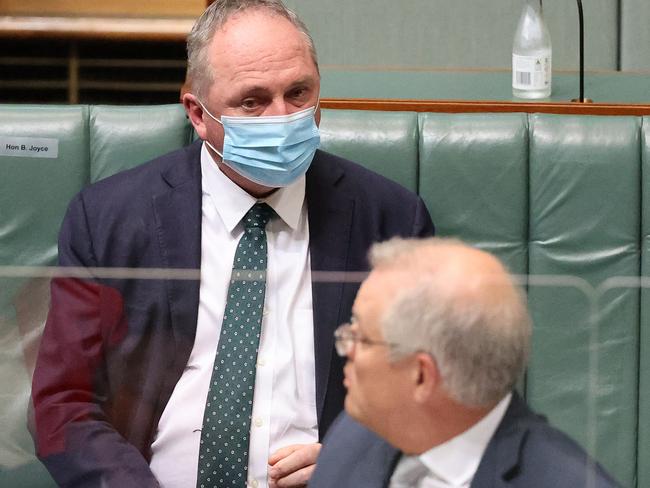 CANBERRA, AUSTRALIA - NewsWire Photos OCTOBER 21, 2021: Barnaby Joyce and the Prime Minister Scott Morrison during Question Time in the House of Representatives in Parliament House Canberra.Picture: NCA NewsWire / Gary Ramage