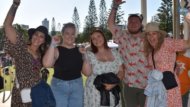 Claire Duke, Courtney Monteith, Kiara Monteith, Harrison Monteith and Elise Duke-Monteith at day 3 of the 2023 Caloundra Music Festival. Photo: Elizabeth Neil