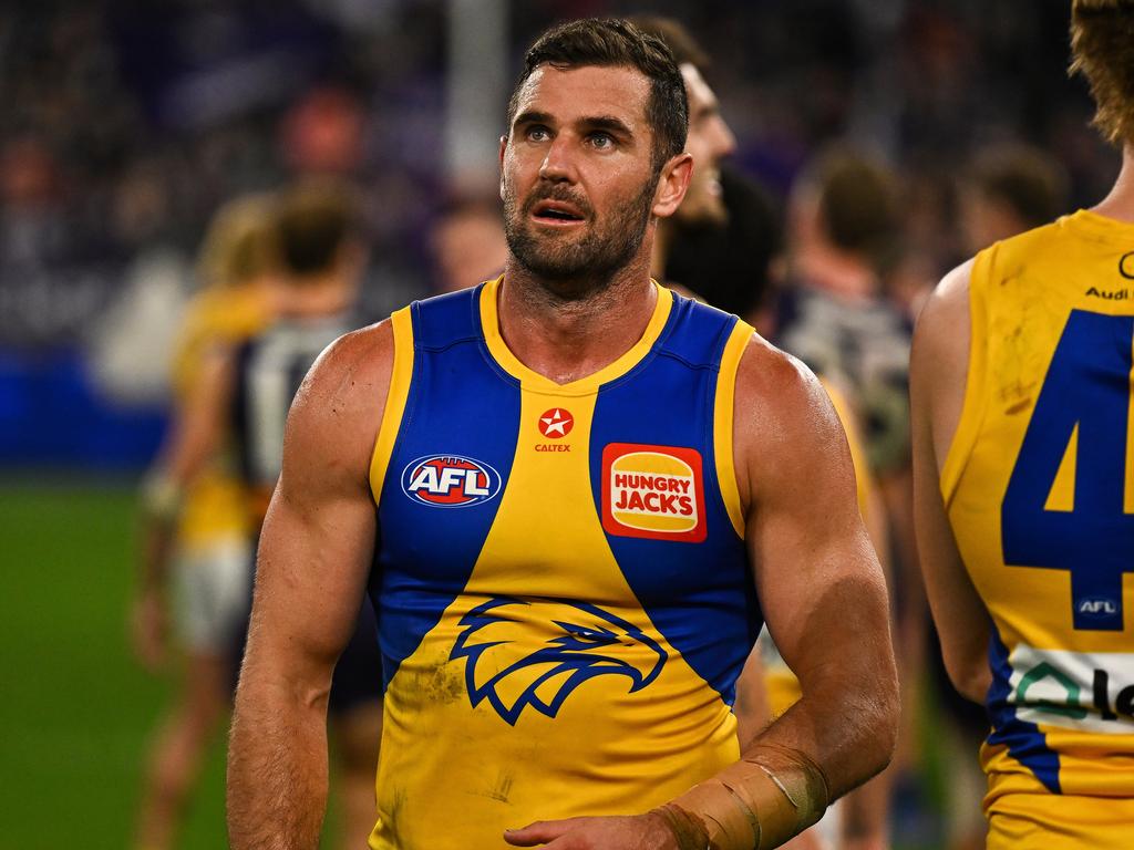 PERTH, AUSTRALIA - JULY 27: Jack Darling of the Eagles looks dejected after a loss during the 2024 AFL Round 20 match between the Fremantle Dockers and the West Coast Eagles at Optus Stadium on July 27, 2024 in Perth, Australia. (Photo by Daniel Carson/AFL Photos via Getty Images)