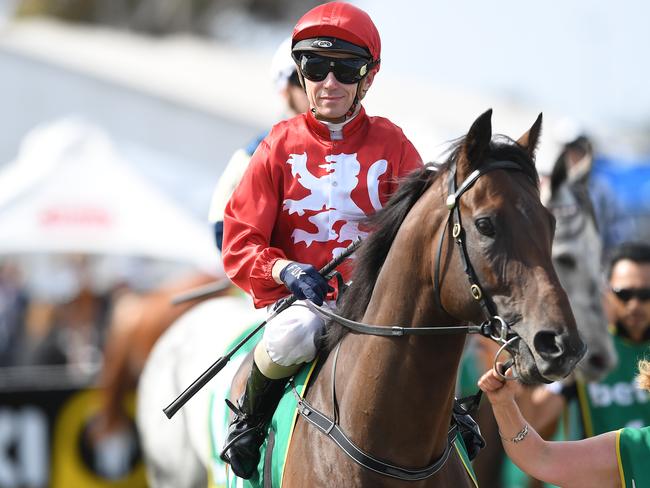 Jockey Stephen Baster is seen before riding Runaway to victory in Race 7, the bet365 Geelong Cup during Geelong Cup Day, at Geelong racecourse in Melbourne, Wednesday, October 24, 2018. (AAP Image/Julian Smith) NO ARCHIVING, EDITORIAL USE ONLY