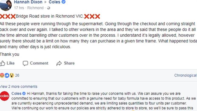 Hannah Dixon confronted Coles on Facebook.