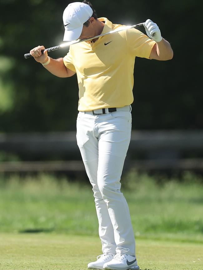 Rory McIlroy reacts to a shot from the 14th fairway during the final round of the Memorial Tournament at Muirfield Village Golf Club earlier this week. Picture: Getty Images